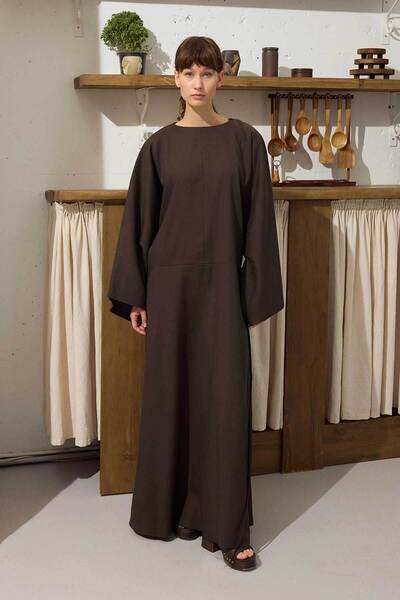 Hooopstore Lyocell Linen Draped Ash Brown Tunic Dress