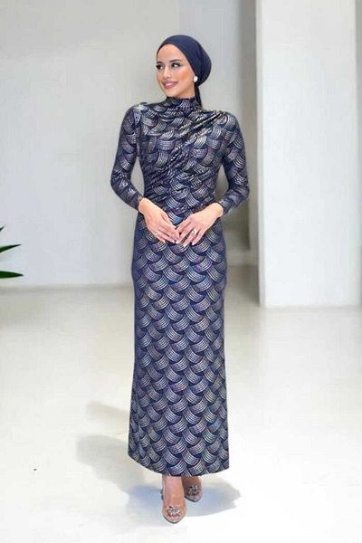 Bym Fashion Patterned Gather Detailed Dress 3956 Navy Blue