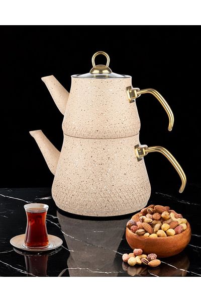 ENASHOP Granite Plated Gold Handled Glass Lid Teapot Cream