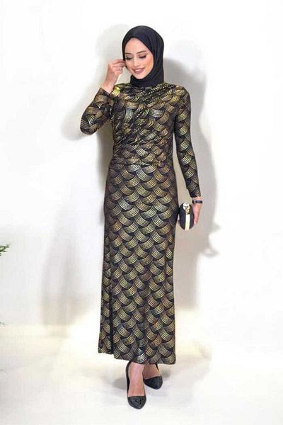 Bym Fashion Patterned Gather Detailed Dress 3956 Black