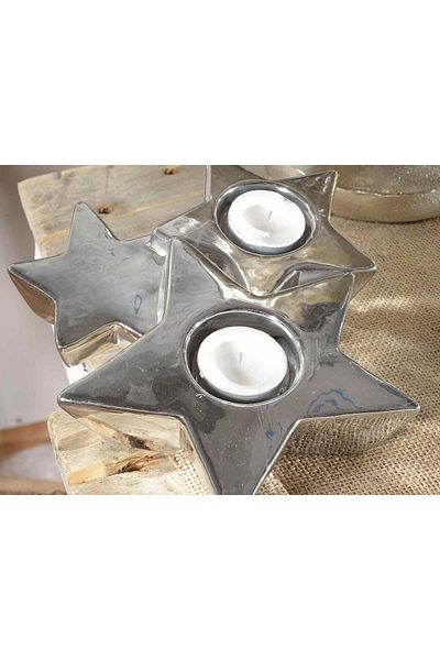 Decorer Suport lumanare ceramica argintie Stars 21 cm x 19 cm x 5 cm