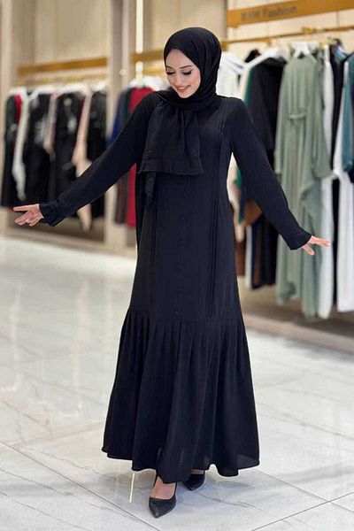 Bym Fashion Pleated Detail Dress Shawl Double Set 6039 Black