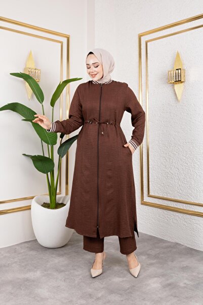 HARMAN BUTİK Γυναικείο Σετ Ριμπ Καφέ Λινό Διπλό Σετ με φερμουάρ