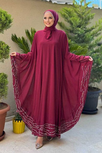 Bym Fashion Stone Detailed Abaya Dress Set 3927 Claret Red
