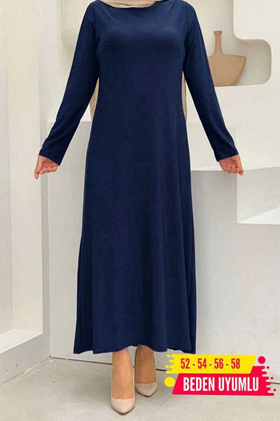 Bym Fashion XXL Plus Size Plain Crew Neck Long Sleeve Inner Sandy Dress 3202-3 Navy Blue