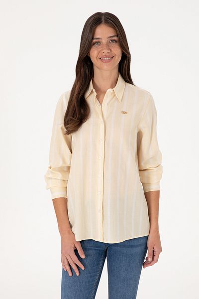 U.S. Polo Assn. Cămașă cu mânecă lungă în dungi bej pentru femei 50299620-vr011