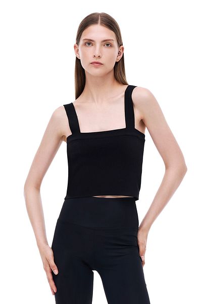 Perspective Knitwear Skinny Fit Crop Boy Strap Square Neck Black Blouse
