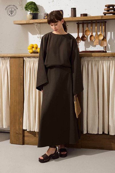 Hooopstore Lyocell Linen Draped Ash Brown Tunic Dress