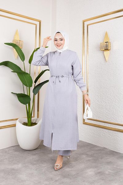 HARMAN BUTİK Women's Ribbed Zippered Gray Linen Double Suit