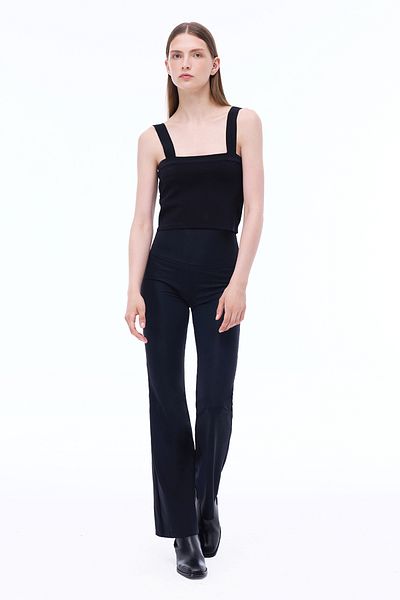 Perspective Knitwear Skinny Fit Crop Boy Strap Square Neck Black Blouse