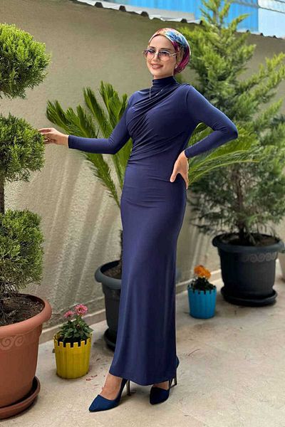 Bym Fashion Drawstring Detailed Sandy Dress 3970 Navy Blue