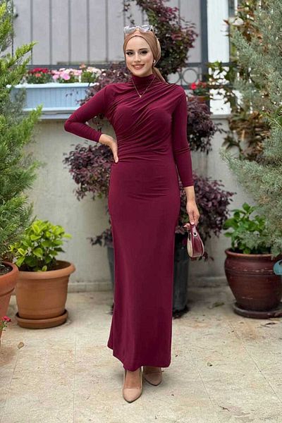 Bym Fashion Gathered Detailed Sandy Dress 3970 Claret Red