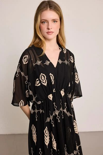 Gusto Embroidered Lined Long Chiffon Dress - Black