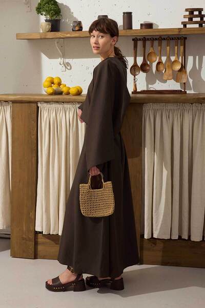 Hooopstore Lyocell Linen Draped Ash Brown Tunic Dress