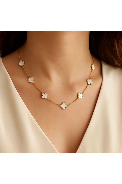 ECARLA Elegant Mother-of-pearl clover necklace – 14K gold-plated stainless steel, Ecarla, NST2176