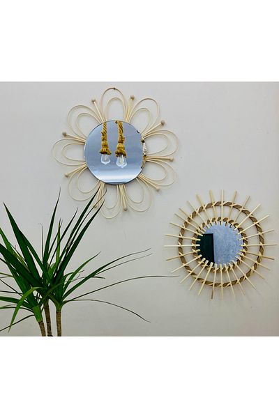 kattuna Natural Rattan Bamboo Flower Detailed Mirror Set of 2