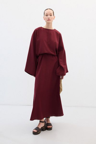 Hooopstore Lyocell Linen Draped Burgundy Tunic Dress