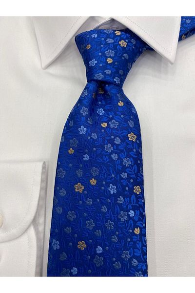 Cacharel Woven Fabric Patterned Navy Blue Mustard Tie