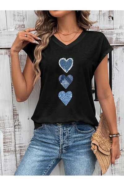 Deocept Tricou oversize casual cu decolteu în V cu imprimeu inimă pentru femei