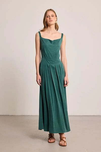 Gusto Pleated Degaje Collar Lyocell Dress - Green