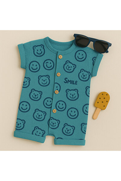 Mini Kids Baby Erkek Bebek Waffle Kumaş Petek Dokulu Smile Baskılı Düğmeli Tulum