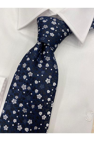 Cacharel Woven Fabric Patterned Navy Blue White Tie