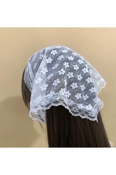VENÜS MODA by Pınar Lace Bandana Foulard Lace Scarf White Bandana 70 cm Width