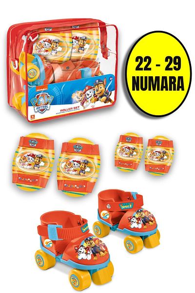TOYFEST مجموعة تزلج باو باترول 4 عجلات مع حقيبة ووسادات للركبة والكوع - أحمر - (مقاس 22-29 قابل للتعديل)