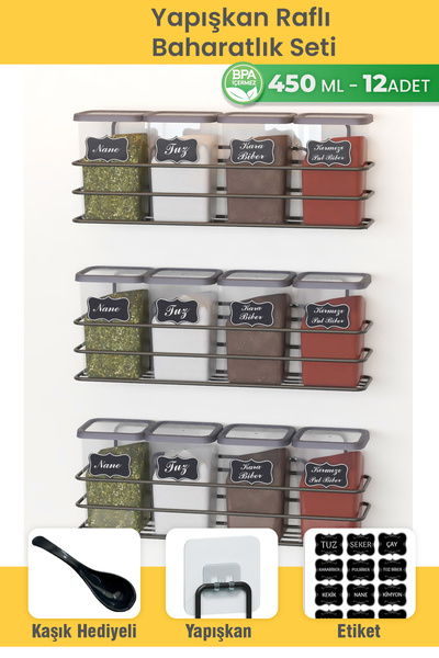 Dekula Yapışkan Raflı 12 li 450 ml Baharatlık Seti Etiket ve Kaşık Hediyeli M...