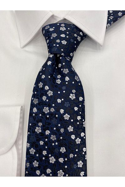 Cacharel Woven Fabric Patterned Navy Blue White Tie