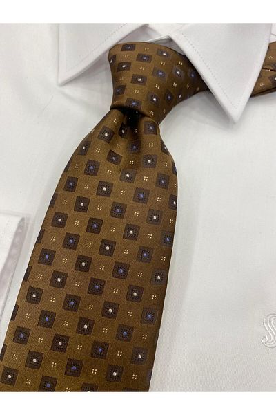 Cacharel Woven Fabric Patterned Brown Blue Tie