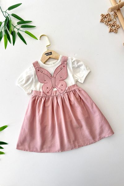 Minigimin Cicileri My Little Baby Girl's Buttocks Butterfly Applique Embroidered Baby Girl 2-Piece Dress - Pink