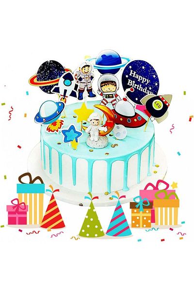 OYSJ Set of 14 OYSJ cake decorations, astronaut pattern, cardboard, multicolor