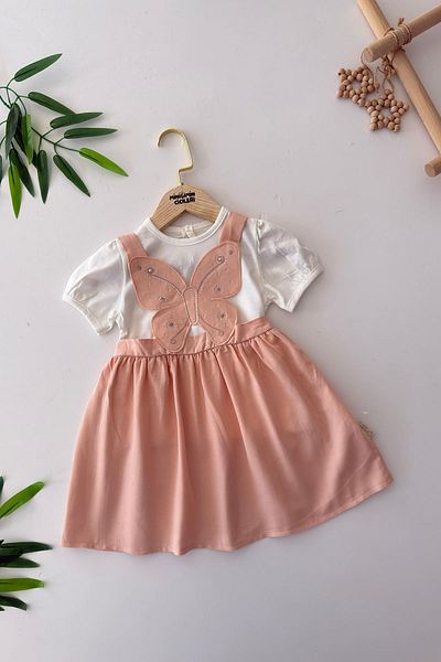 Minigimin Cicileri My Little Baby Girl's Buttocks Butterfly Applique Embroidered Baby Girl 2-Piece Dress - Salmon