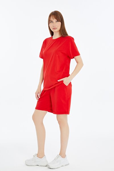 KRAVEN Women's 2-Piece Red T-Shirt & Double Leg Shorts Set, Combed Cotton, Lycra Fabric Regular Fit