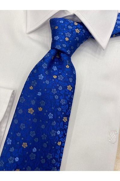 Cacharel Woven Fabric Patterned Navy Blue Mustard Tie