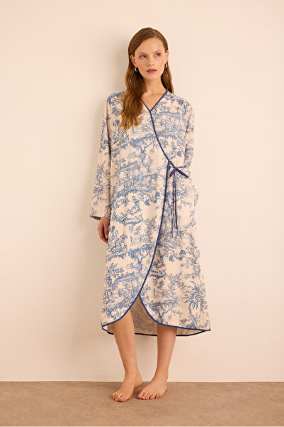 Aker Desenli Viscon Keten ,Yandan Bağlama Detaylı Sabahlık