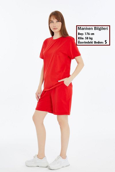 KRAVEN Women's 2-Piece Red T-Shirt & Double Leg Shorts Set, Combed Cotton, Lycra Fabric Regular Fit