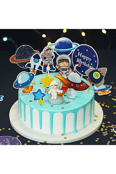 OYSJ Set of 14 OYSJ cake decorations, astronaut pattern, cardboard, multicolor