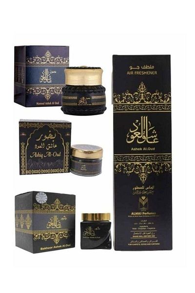 ALMAS Freshener, incense, and Maamoul Ashiq Al Oud, four pieces