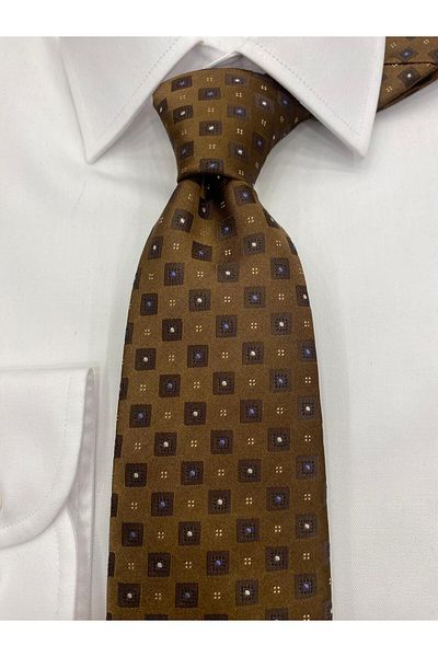 Cacharel Woven Fabric Patterned Brown Blue Tie