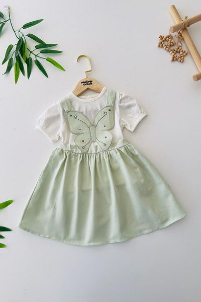 Minigimin Cicileri My Little Girl's Buttocks Butterfly Applique Embroidered Baby Girl 2-Piece Dress - Green