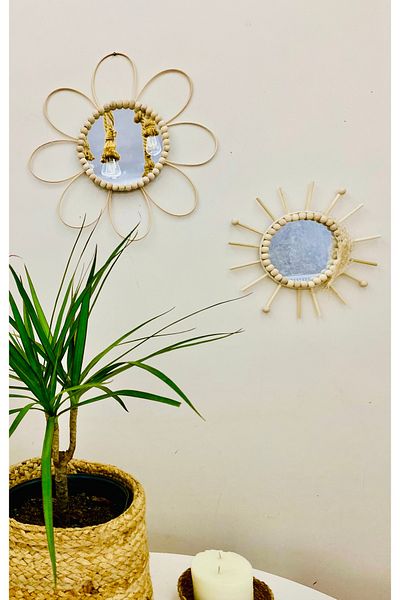 kattuna Bohemian Natural Rattan Bamboo Flower Detailed Beaded Islandinav Mirror Set of 2