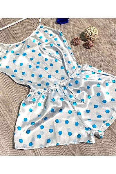 Intisimo Women's Satin Pajamas, 2 Pieces, Simple, Blue Polka Dots, White