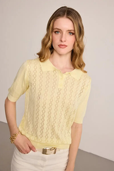 Gusto Polo Neck Openwork Short Sleeve Knitwear Blouse - Yellow
