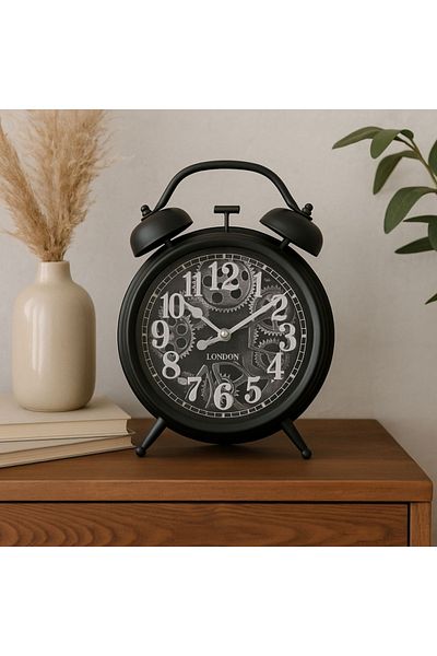 Gift Design Table Clock with Decorative Mechanism Movement, Vintage Industrial, 40x30 cm – Matte Black