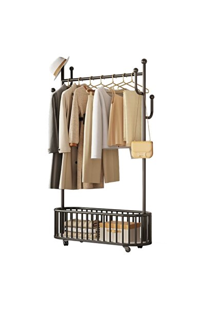 Un Black metal clothes hanger with wheels, modern design