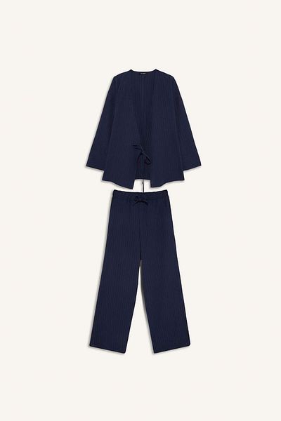 DeFacto Relax Fit 2-Piece Set Seersucker Textured Long Sleeve Kimono Trousers F4095Ax25Sm