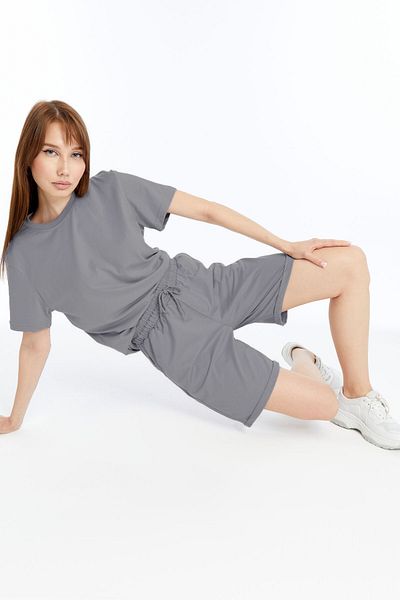 KRAVEN Women's 2-Piece Gray T-Shirt & Double Leg Shorts Set, Combed Cotton, Lycra Fabric Regular Fit