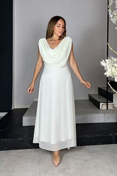 gesmoda G1437 Degaje Collar Chiffon Evening Dress White